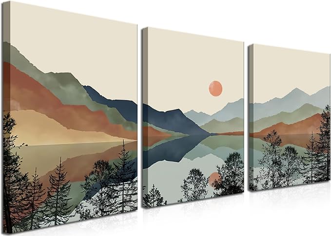 AKWISH Framed Mountain Canvas Wall Art Set of 3, Boho Watercolor Poster Prints by AKWISHWallArt