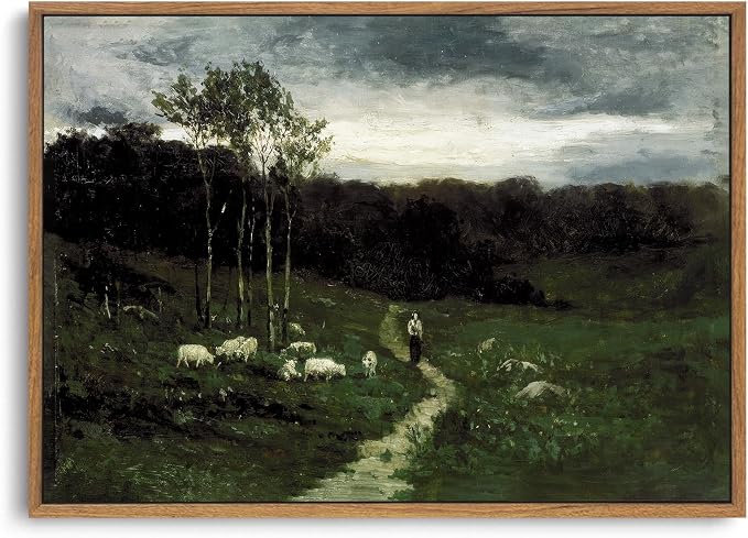 OIQArtOIQ Framed Vintage Landscape Wall Art Shepherd Natural Scenery Oil by OIQArtOIQ