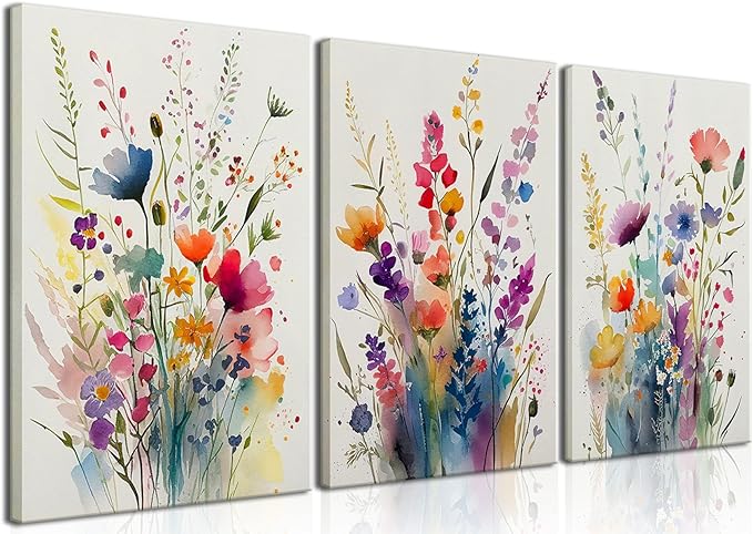KISSFOX 3 Piece Canvas Wall Art Wildflowers Wall Decor Floral Pictures by KISSFOX