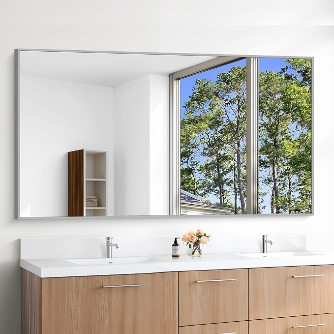 KOCUUY Silver Bathroom Mirror, HD Tempered Glass, Anti-Rust Brushed Silver Frame - Image 7