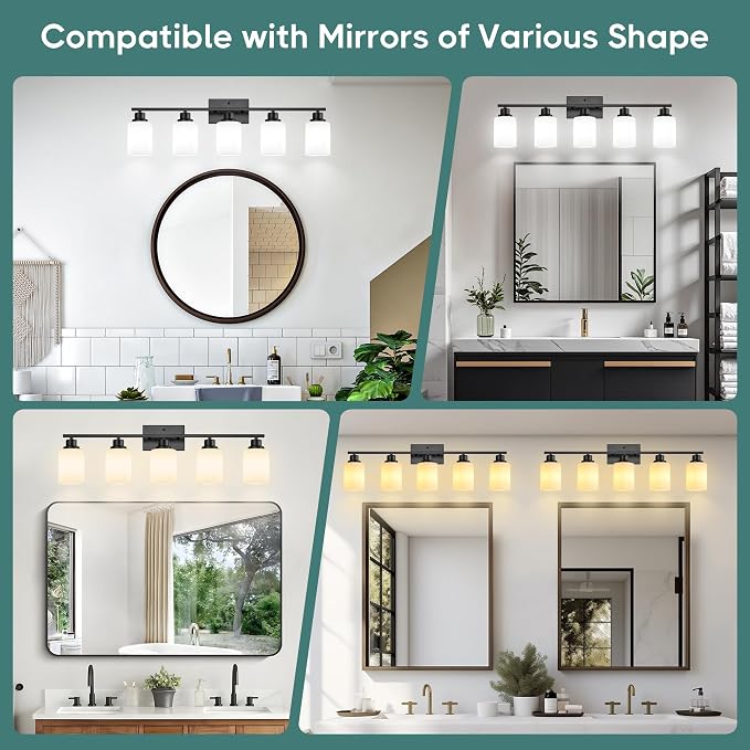 Ascher Bathroom Light Fixtures, 5-Light Vanity Light Over Mirror, Matte Black - Image 9