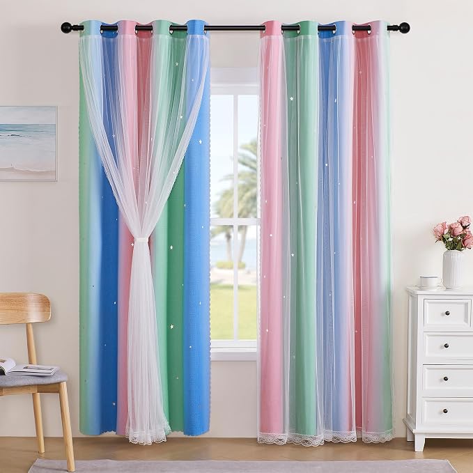 XiDi Curtains for Bedroom Decor, Rainbow Pink GreenBlue52/96/1 - Image 3