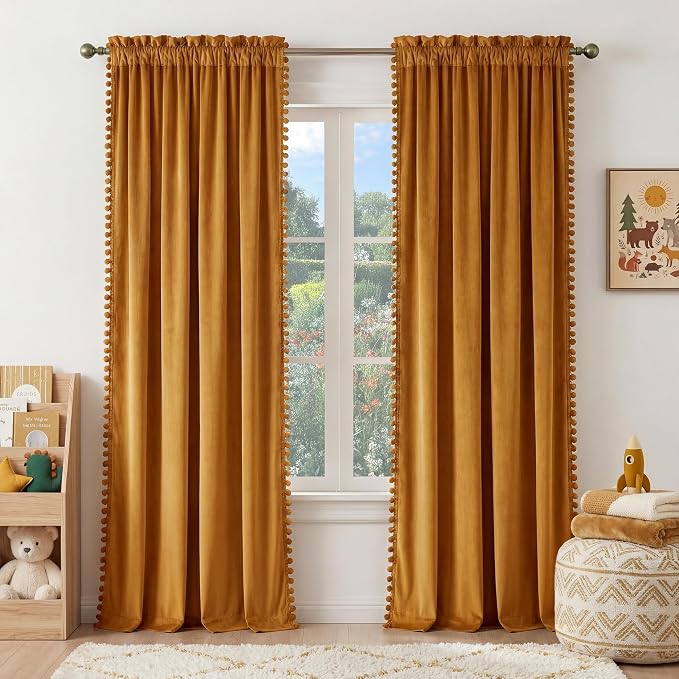 NICETOWN Mustard Gold Pom Pom Velvet Curtains 8 ft Long by NICETOWN