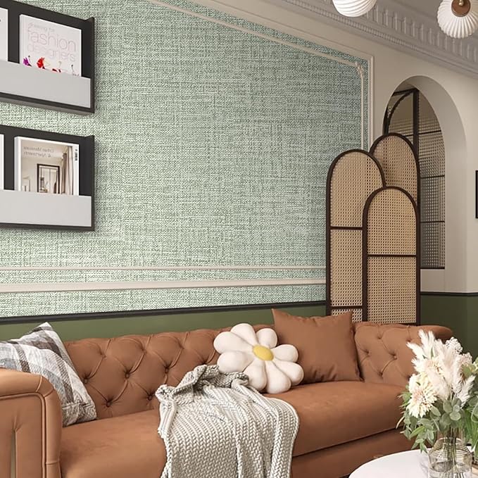 Green Grasscloth Wallpaper 17.3"x160" Faux Linen Textured Contact Paper - Image 7