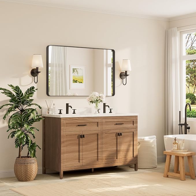 TETOTE 48 x 30 Inch Bathroom Mirror, Matte Black Modern Metal Frame Rectangle - Image 2