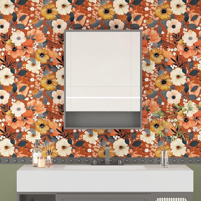 BOKEBEVE Extra Long Orange Wallpaper Stick and Peel Boho Floral Contact Paper - Image 4