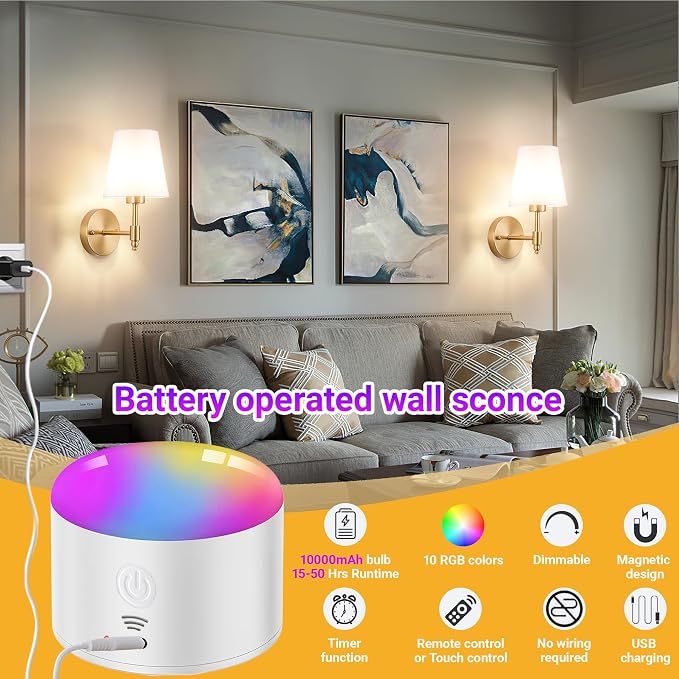 YHCDLAMP Battery Operated Wall Sconces Set of Two, Rechargeable Wireless Wall - Image 2