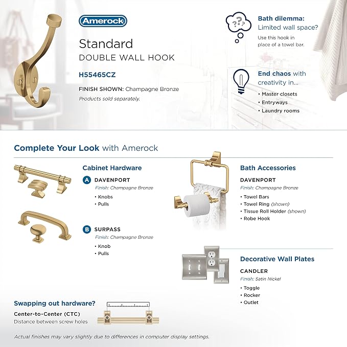 Amerock H55465CZ | Adare Double Prong Decorative Wall Hook | Champagne Bronze - Image 6