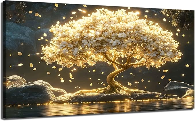 Large Tree of Life Canvas Wall Art Abstract Gold Tree Mountain Lake Decor by TXNXFKSUWallArt