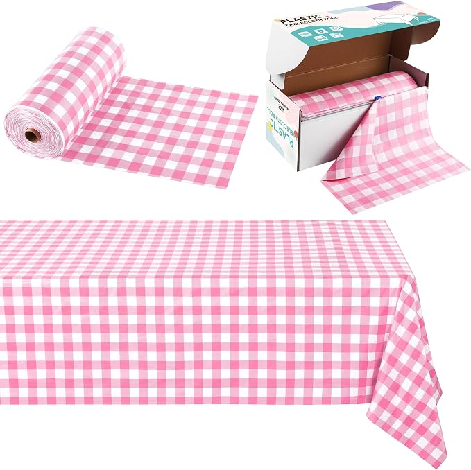Kochorie 54 Inch x 300 Ft Light Pink Checkered Plastic Table Cloth Roll by Kochorie