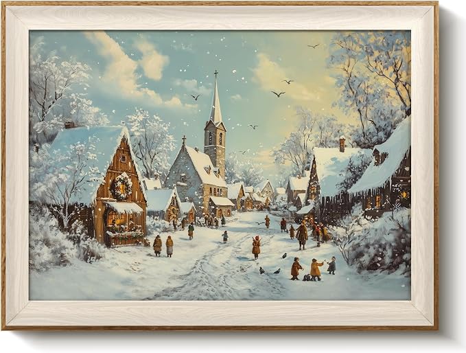 VIYYIEA Winter Framed Wall Art for Living Room, Snow Village Canvas Prints by VIYYIEAART