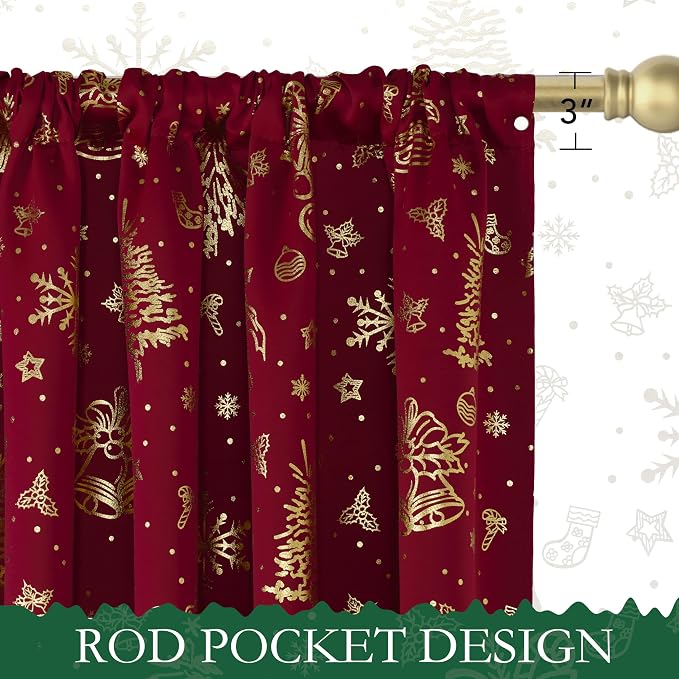 NICETOWN 2 Panels Red Christmas Curtains W42 x L63 in, Rod Pocket Gold Stamping - Image 2