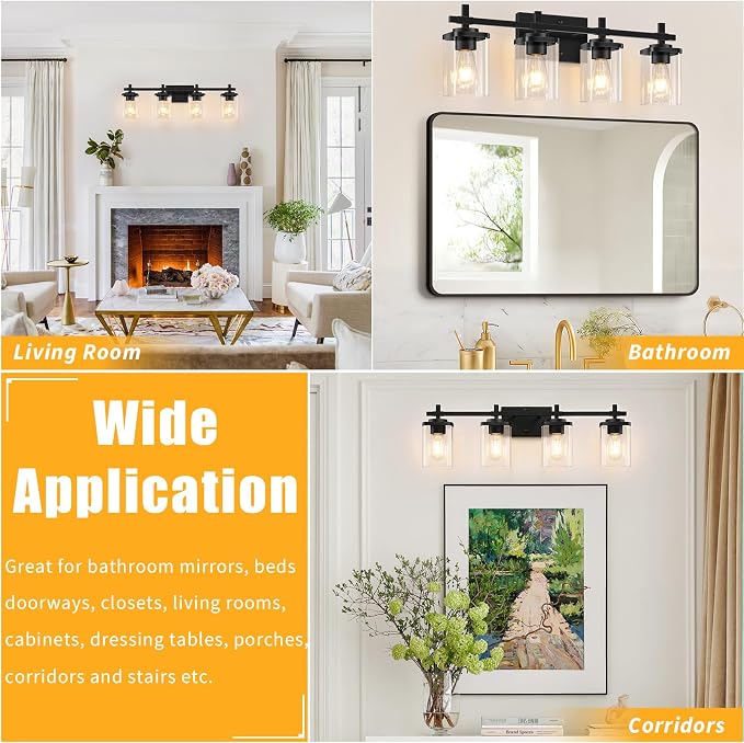 4-Lights Matte Black Bathroom Light Fixture, Modern Black Vanity Lights Over - Image 7