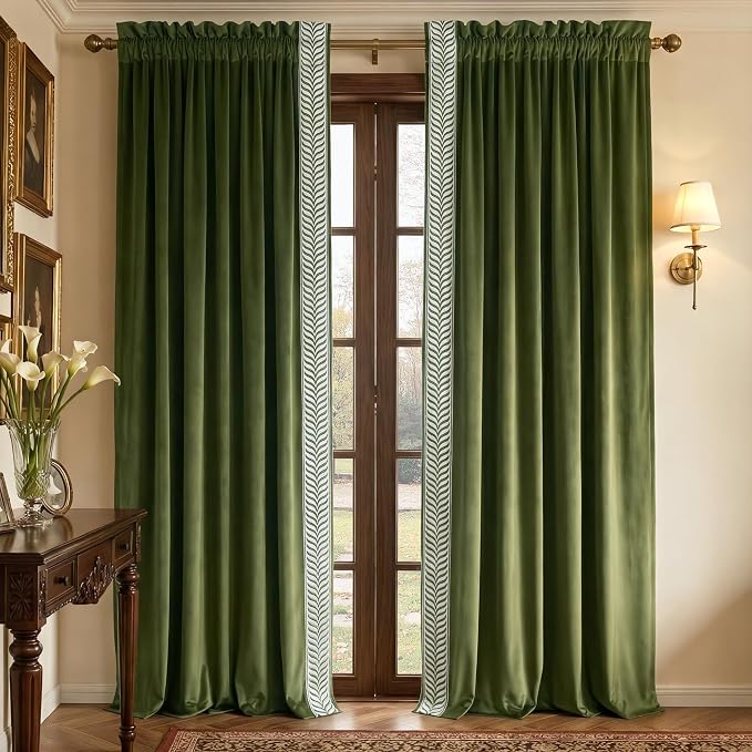NICETOWN Rod Pocket Embroidered Trim Velvet Curtains, 2 Panels, Olive Green by NICETOWN