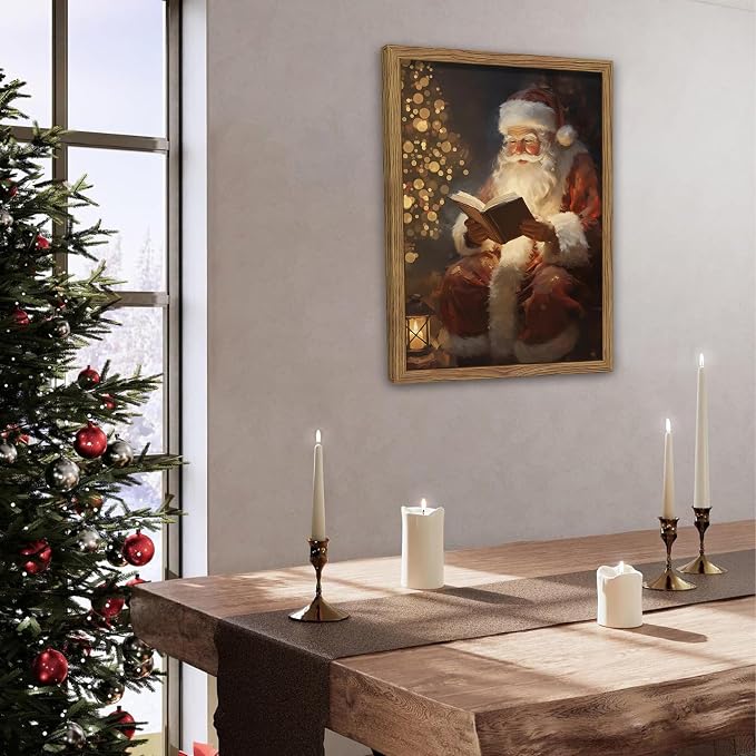 Framed Santa Christmas Wall Art, Vintage Santa Claus Reading Canvas Paintings - Image 7