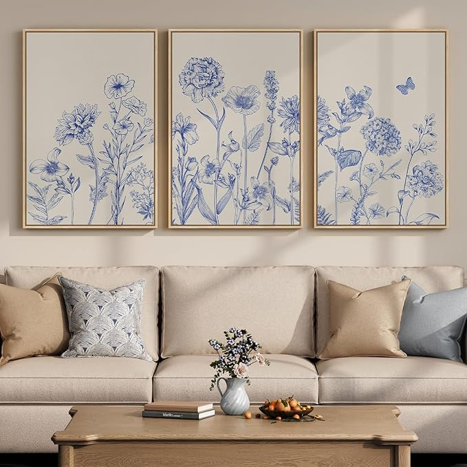 Framed Neutral Chinoiserie Blue Botanical Wall Art, 3 Piece Minimalist Floral by Cuspin