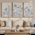Framed Neutral Chinoiserie Blue Botanical Wall Art, 3 Piece Minimalist Floral by Cuspin