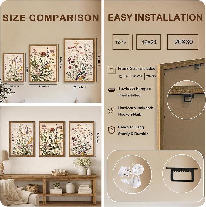 WRFON Botanical and Flower Canvas Wall Art, Framed Wildflower Wall Art Set of 3 - Image 7