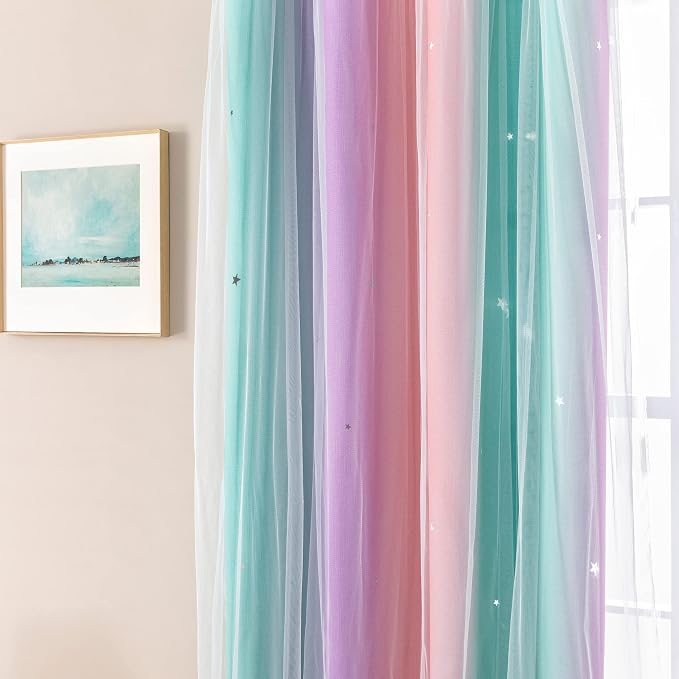XiDi Curtains for Bedroom Decor, Rainbow PinkPuGreen-62-84 - Image 2