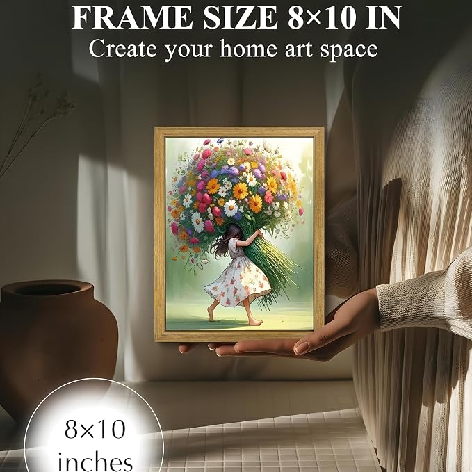 Wood Framed Pink Wildflower Canvas Wall Art, Girl Hugging Flowers Poster Prints - Image 5