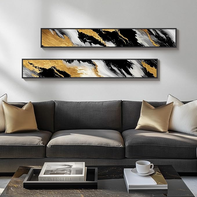 Framed Long Narrow Vertical Abstract Wall Art Set, 2 Piece Black White Gold - Image 4