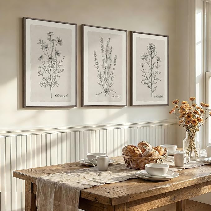 Framed Farmhouse Botanical Canvas Wall Art Set of 3, Large Vintage Neutral - Image 3