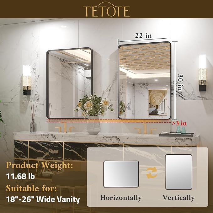 TETOTE Black Framed Mirrors for Bathroom, 2 Inch Thick Frame 22 x 30 Inch - Image 6
