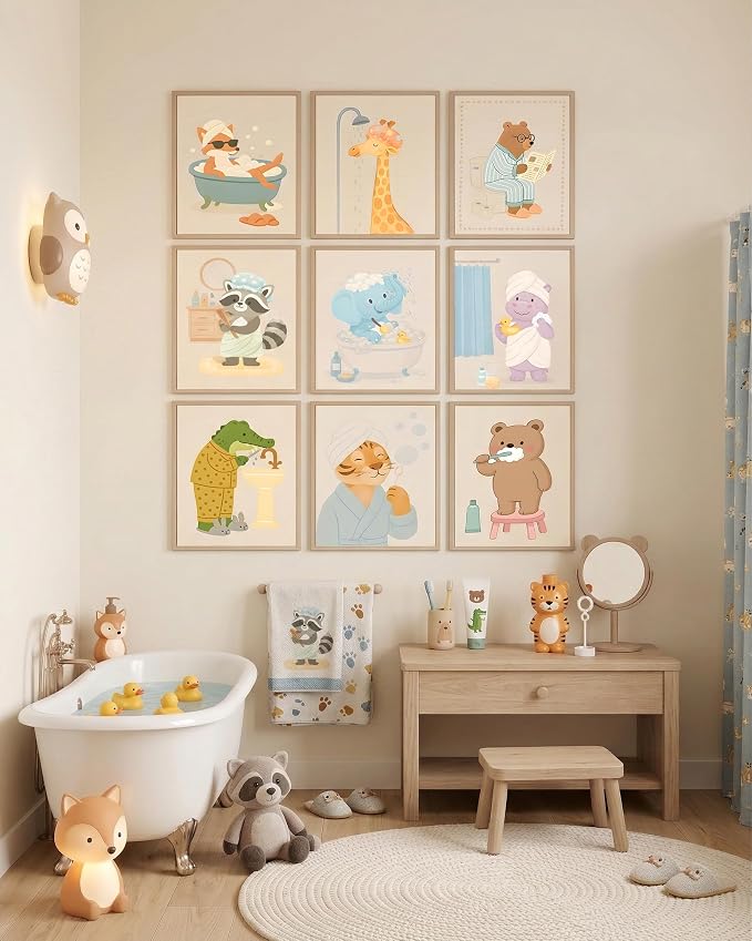 tgguytiy Kids Bathroom Wall Art Set of 9 Cute Animal Bathroom Decor - Image 6