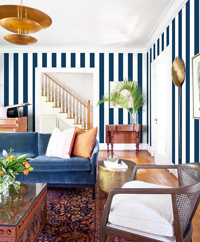 Guvana 17.7"×472" Striped Peel and Stick Wallpaper Blue and White Self-Adhesive - Image 2