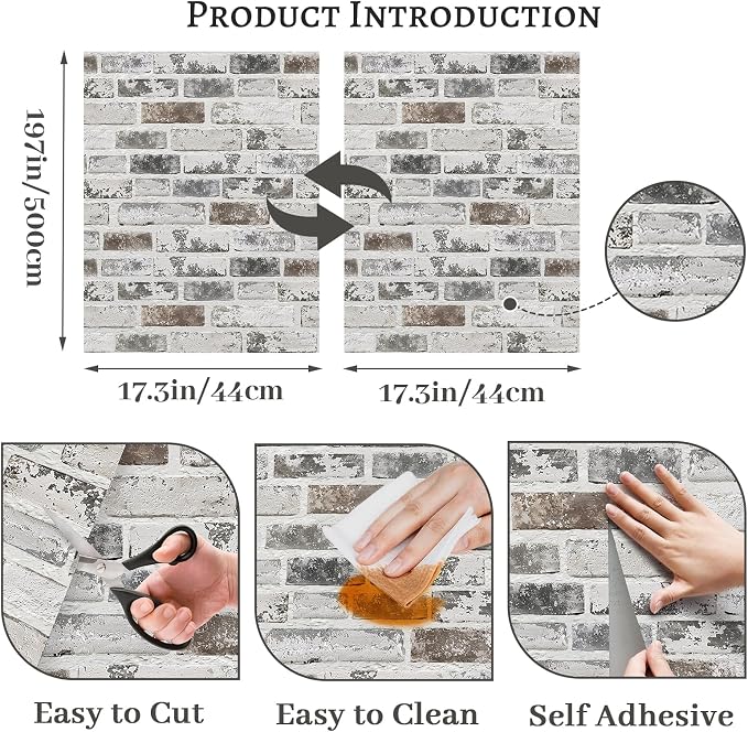 Brick Wallpaper Peel and Stick Wallpaper 17.3"x197" Grey and White 3D Brick - Image 3