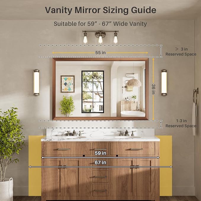 55x36 Inch Bathroom Mirror for Wall, Anti-Rust Walnut Wood Grain Metal Framed - Image 2