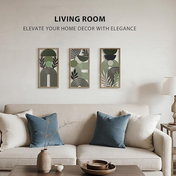 VIYYIEA Boho Solid Wood Carved Wall Art Set of 3, Geometric Minimalist Wooden - Image 5