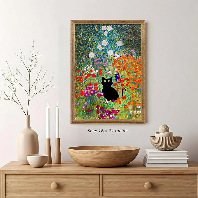 Fantasy Artists Gustav Klimt Canvas Wall Art, Framed Aesthetic Cat Floral Wall - Image 2