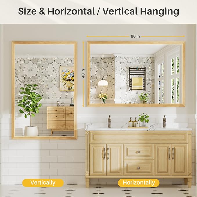 60x40 Inch Bathroom Mirror for Wall, Anti-Rust Oak Wood Grain Metal Framed - Image 7