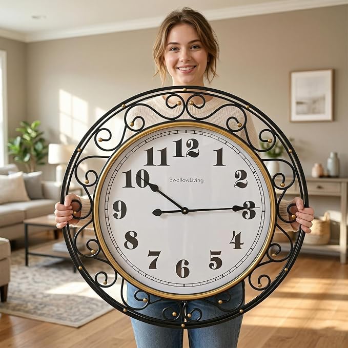 SwallowLiving 30 Inch Vintage Iron Large Black Metal Frame Wall Clock Silent by SwallowLiving