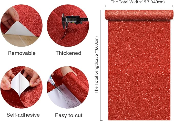 CHIHUT 15.7''x236'' Shiny Red Glitter Wallpaper Stick and Peel - Image 9