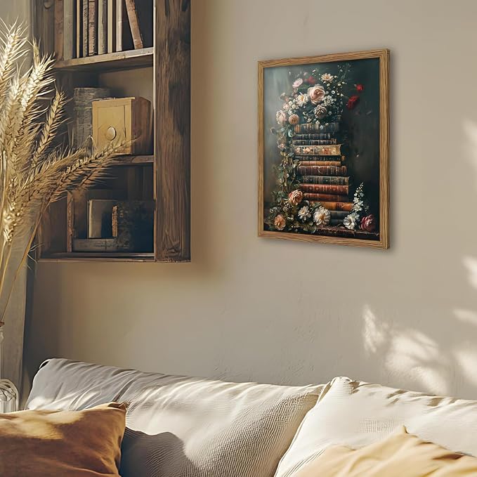 Vintage Framed Wall Art Flowers Books Canvas Prints, Dark Academia Wildflowers - Image 2