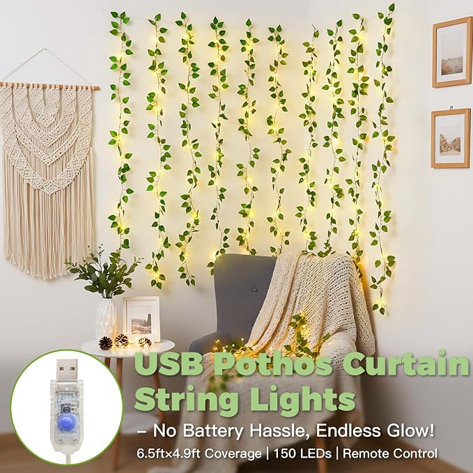 suddus Vines with Lights for Bedroom, 150 LED Fairy Lights with Vines, Pothos - Image 2