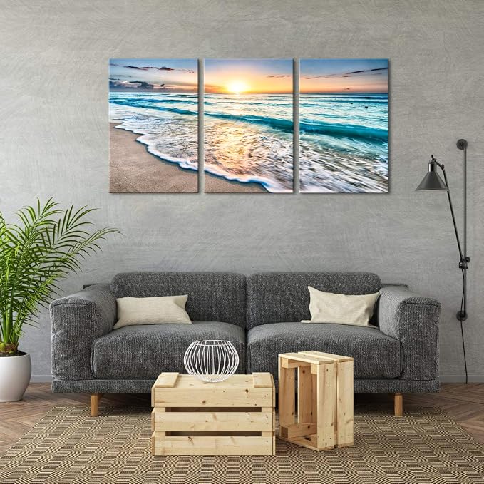 Wieco Art 3 Panels Blue Beach Sunrise White Wave Pictures on Canvas Wall Art - Image 4