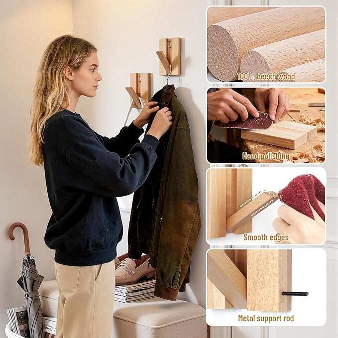 Wall Hooks for Small Space: Foldable Natural Wooden Coat Hooks 4Pack for - Image 5