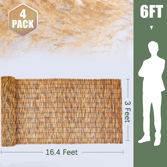 Barydat 4 Pcs 3 x 16.4 ft Reed Fence Roll, 85% Shade Bamboo Privacy Screen - Image 2