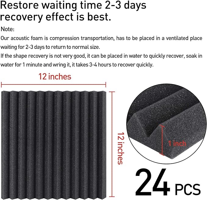 Focusound 24 Pack Acoustic Foam Panels 1" x 12" x 12" Sound Proof Foam Panles - Image 5