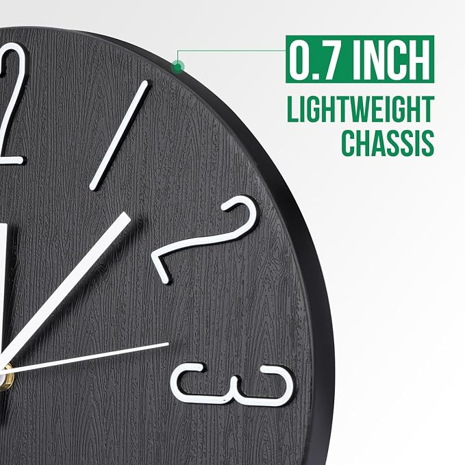 Wall Clock 12 Inch Silent Non-Ticking Imitation Wood Indoor Clock Round Black - Image 4