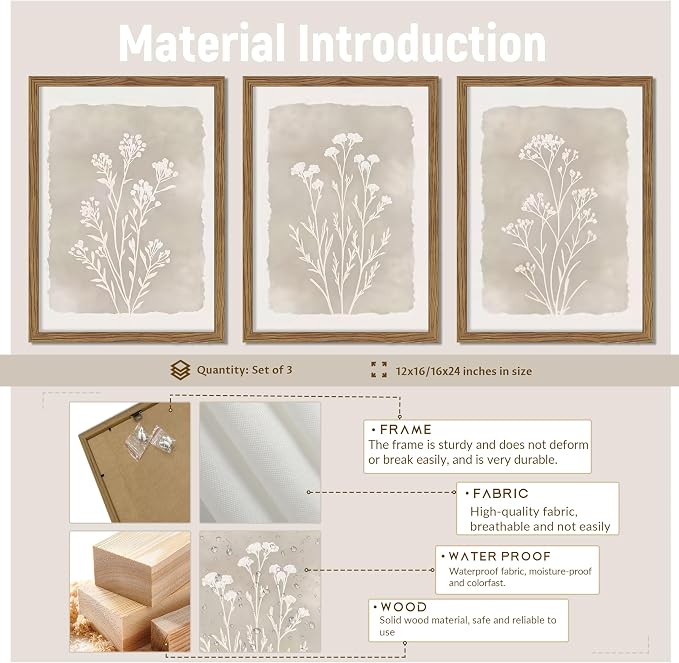 Framed Boho Botanical Flower Wall Art Set of 3, Vintage Minimalist Neutral - Image 3