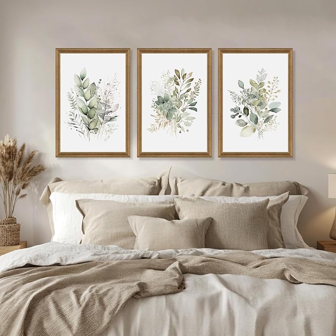 WRFON Framed Sage Green Botanical Wall Art Set of 3, Watercolor Eucalyptus & - Image 3
