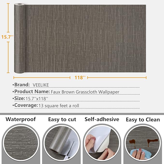 VEELIKE Truffle Brown Grasscloth Peel and Stick Wallpaper Faux Woven Grasscloth - Image 9