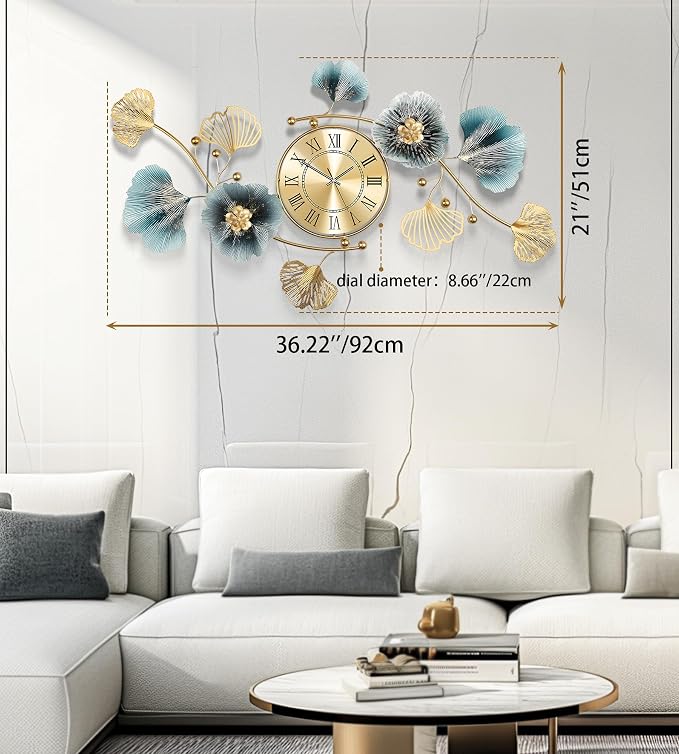 Wall Clocks for Living Room Decor, Large Wall Clock, 3D Creative Metal Ginkgo - Image 3