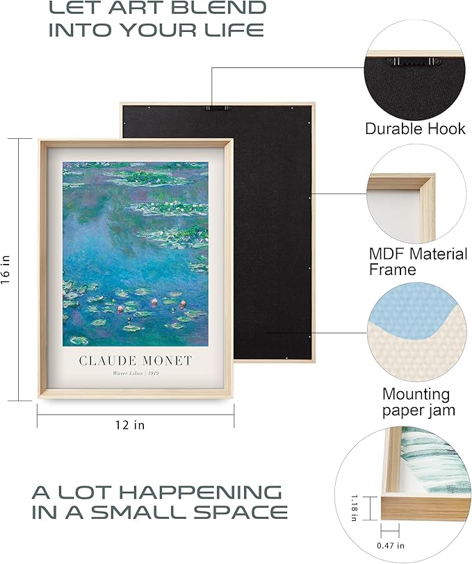 Framed Claude Monet Water Lilies Canvas Wall Art, Vintage Impressionist - Image 4