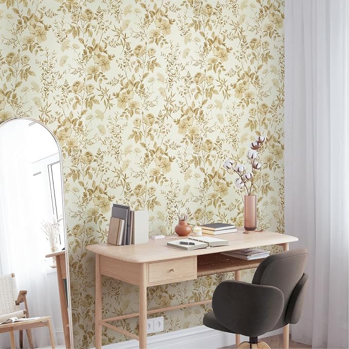 Erfoni 16.9" x197" Yellow Brown Floral Peel and Stick Wallpaper Boho Floral - Image 3