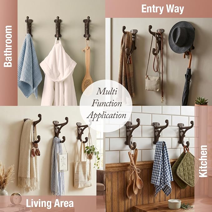 Rustic Cast Iron Coat Hooks Rustic Dark Brown, Wall Mounted, Farmhouse - Image 7